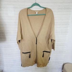 NORDSTROM CAMEL GRANDPA  V NECK TUNIC SWEATER, w ZIPPER CLOSURE, ONE SIZE